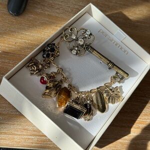 Unique Vintage-Inspired Gold Charm Brooch with Key & Multiple Charms